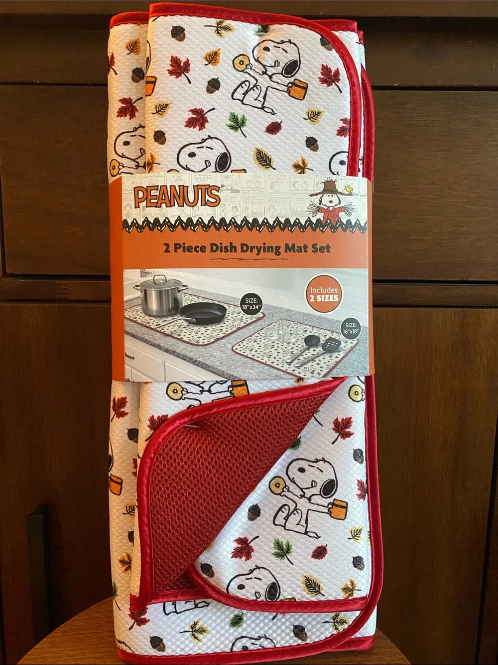 Peanuts Snoopy White Dish Drying Mats with Red Trim, Autumn Leaf Print